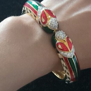 Vtg NOLAN MILLER Parrot  Clamp Bangle Enamel & Rhinestone Bracelet Gold Tone